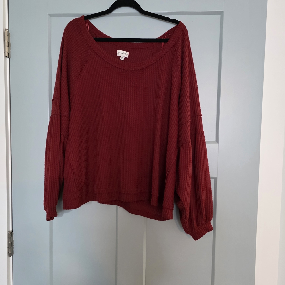 Wonderly Red Waffle Knit Top XXL Oversized Cozy Boho Casual